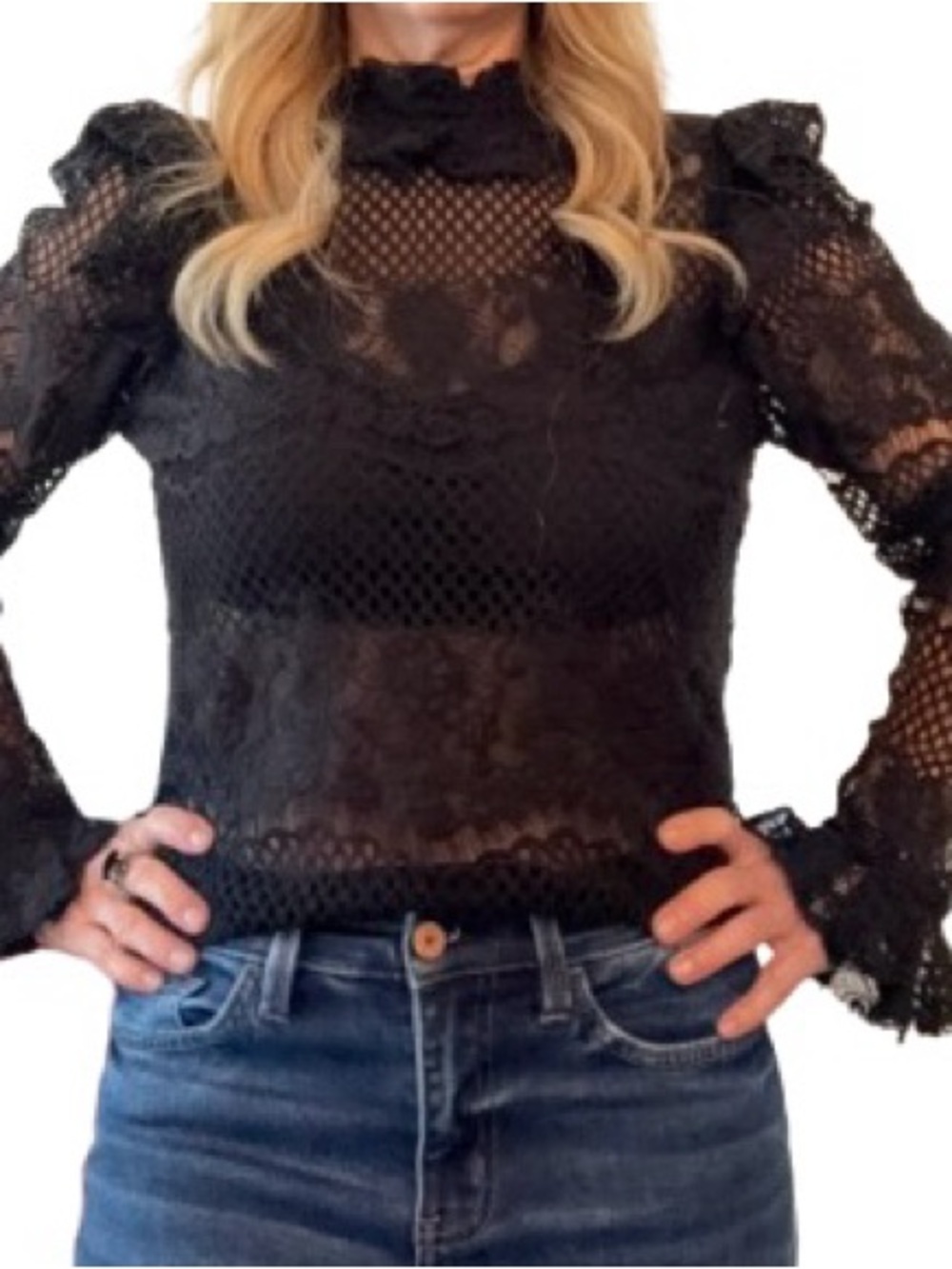 BCBGMaxAzria Black Lace High-Neck Long-Sleeve Blouse